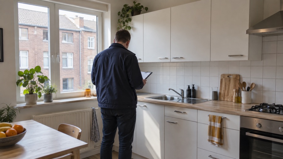 Woningcontroleur met klembord tijdens een conformiteitsonderzoek in de keuken van een huurappartement